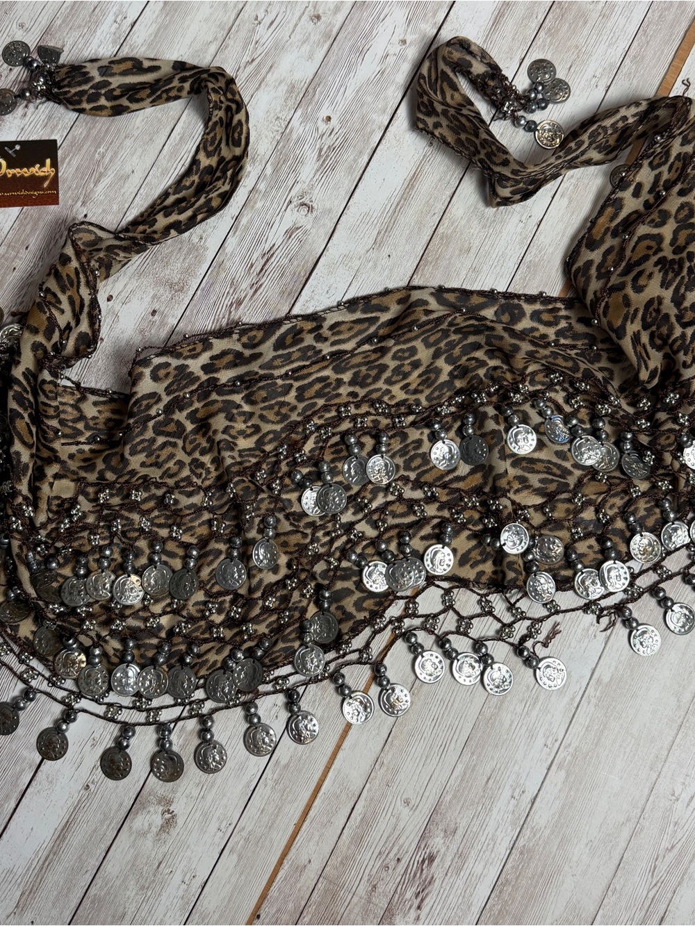 Leopard Print Coin Fringe Hip Scarf